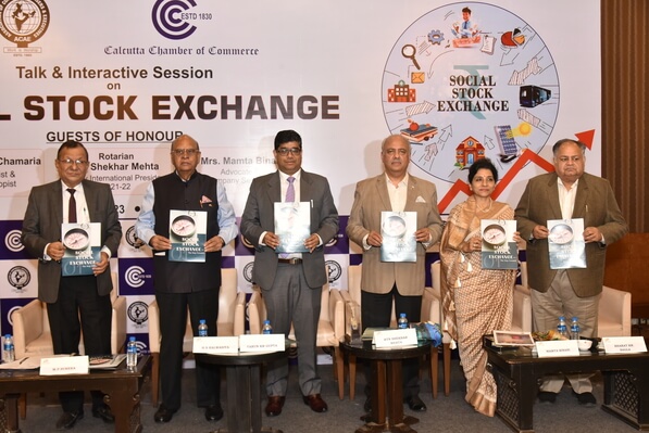 Hon'ble dignitaries and Office-Bearers of CCC and ACAE releasing the Booklet on Social Stock Exchange.