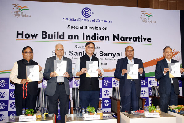 Mr. Sanjeev Sanyal, Hon'ble Member, EAC-PM releasing Chamber's Year Book 'A Look At The Year Gone By 2022-23' along with the Office-Bearers of the Chamber.